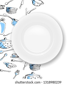 Doodle kitchen equipments and realistic white plate for your design. space for text