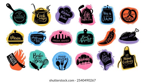 Doodle kitchen food emblems. Cartoon cooking foods sticker. Chef food badge, kitchen utensil label, restaurant menu, cooking studio, interior templates. Vector set.