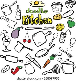 doodle kitchen, food icons, vector illustration