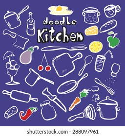 doodle kitchen, food icons, vector illustration