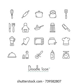 Doodle Kitchen Icons. Hand Drawn Doodle Icon Set.