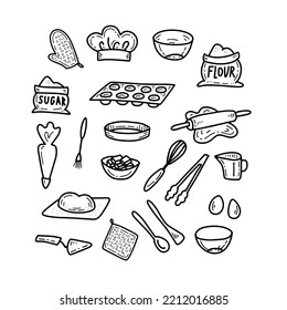 Doodle Kitchen Objects Set. Hand Drawn Bakery Tools Collection. Sketch Cooking Group Of Elements. Black And White Food Preparation Icons