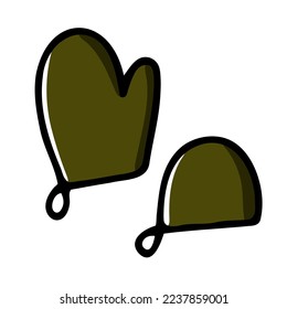 Doodle kitchen potholder. Green oven-glove isolated on white background. Home cooking clothes. Retro culinary style things. Cute vintage look. Hand-drawn chef accessories. Vector mitten illustration