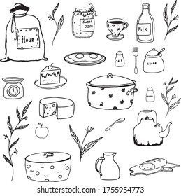 Doodle kitchen set, breakfast illustration