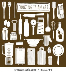 Doodle kitchen set. Hand drawn kitchenware and utensils. Vector elements for kitchen design. Cooking equipment