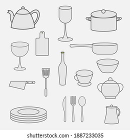 Doodle kitchen set utensils icons collection