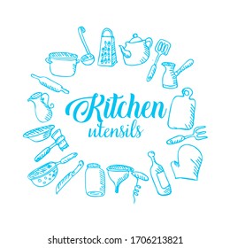 Doodle of  kitchen subjects blue color on white background. Cooking  utensils for icons, greeting card sticker, texture or wallpaper