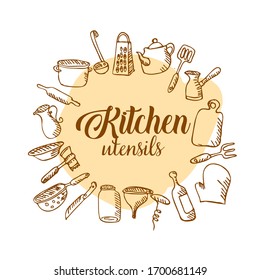 Doodle of  kitchen subjects. Cooking  utensils for icons, greeting card sticker, texture or wallpaper