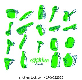 Doodle of kitchen subjects green color on white background, chalk on a blackboard. Cooking utensils for icons carafe, corkscrew, pan, scoop, grater, kettle, colander, coffee maker, knife, can, rocking