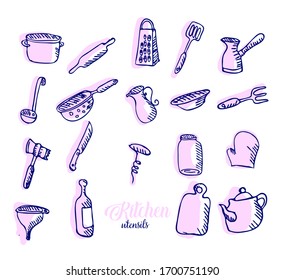 Doodle of  kitchen subjects purple color. Cooking  utensils for icons carafe, corkscrew, pan, scoop, grater, kettle, colander, coffee maker, knife, can, rocking chair, wine, watering can, icons, label