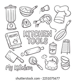 Kitchen tools and appliances. Cute illustration with isolated cooking  objects in vector format. Kitchen utensils collection. Stock Vector