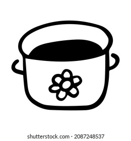 Doodle kitchen utensil icons. Hand drawn pot, cute saucepan cooking tools.Vector illustration