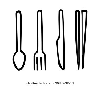 Doodle kitchen utensil icons. Hand drawn knife, fork, spoon cooking tools, cutlery symbols. Vector illustration