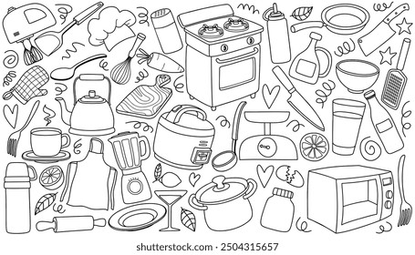 doodle kitchen utensil outline set in white background. doodle kitchen set.