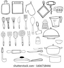 doodle kitchen utensil set .Vector hand-drawn illustration isolated on white background. Perfect for invitations, greeting cards, print, flyers, posters