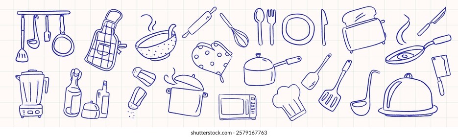 Doodle of kitchen utensils including pots, pans, spatula, and blender. Sketch of kitchen tools like a toaster and colander. Hand-drawn kitchenware icons. Kitchen illustrations, isolated vector set.