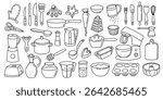 Doodle kitchen utensils. Line cooking tools, hand drawn prepare food equipment, cutlery spoon knife cup pot, cartoon restaurant kitchen elements. Vector cooking set.
