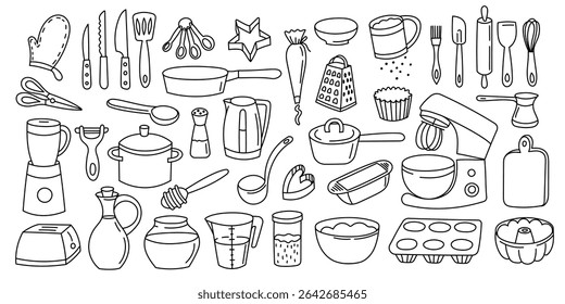 Desenhar utensílios de cozinha. Linha de ferramentas de cozinha, mão desenhada preparar equipamentos de alimentos, talheres colher faca pote, elementos de cozinha de restaurante de desenhos animados. Conjunto de cozimento vetorial.