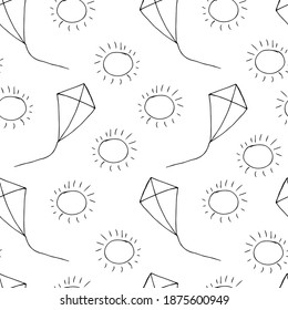 Doodle kite and the sun seamless pattern. hand drawn background. Vector illustration