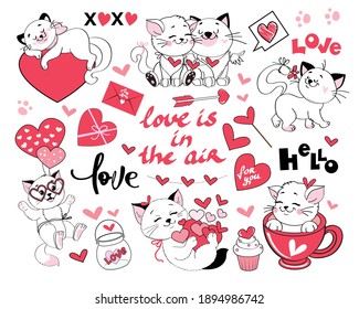 Doodle kittens for valentine's day collection. Hand drawn set funny animals. Vector illustration of funny stickers