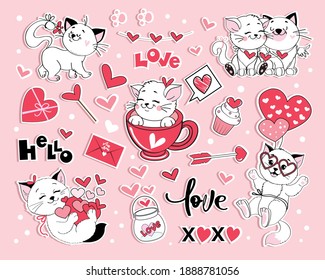 Doodle gatitos para el día de San Valentín. Animales graciosos dibujados a mano. Ilustración vectorial de las pegatinas de las insignias de los parches de moda adorables 