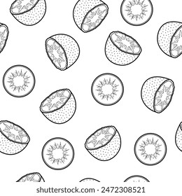 Doodle kiwi black and white seamless pattern. Tropical fruit background in outline. Great for fabric, wrapping and food packaging. Vector illustration