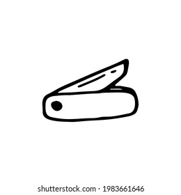 Cuchillo de perro. Aislado en el plano de fondo blanco para impresiones, afiches, papel lindo, diseño de viajes. Vector dibujado a mano. Camping