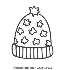 Doodle knitted hat with blots pattern and pompom. Hand drawn vector illustration of warm clothes, seasonal accessories. Isolated on white background.