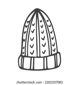 Sombrero de punto Doodle. Ilustración vectorial de mano de ropa cálida, accesorios estacionales. Aislado sobre fondo blanco.