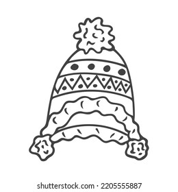 Doodle knitted hat with pompom. Hand drawn vector illustration of warm clothes, seasonal accessories. Isolated on white background.