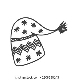 Doodle knitted hat with small pompom. Hand drawn vector illustration of warm clothes, seasonal accessories. Isolated on white background.