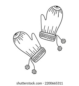 Doodle knitted mittens, winter, autumn wardrobe item isolated on a white background. Hand drawn, simple outline illustration. It can be used for decoration of textile, paper.