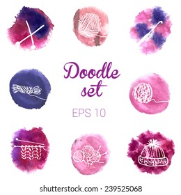 Doodle knitting vector elements on watercolor splashes