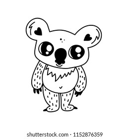 Doodle koala character. Line icon of animal. Adult colouring book page. Little cute sticker. Love concept