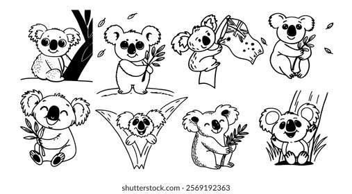 Doodle koala set. Hand drawn smiling koalas with eucalyptus for Australian day.