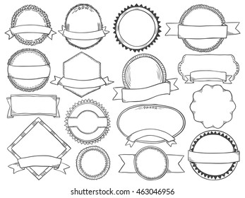 Doodle labels set. Sketch pencil effect collection of frames. Retro labels with ribbons. Hand drawn vignette. Doodle frames set. Vector illustration for sale tags, book headlines or business stickers.