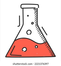 Doodle laboratory flask vector isolated. Illustration of a hand-drawn chemistry tool. Glass beaker with a red liquid inside.