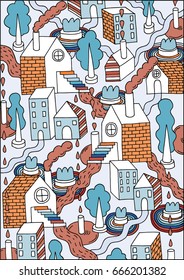 Doodle labyrinth city landscape illustration. Trend modern abstract design in blue and orange colors for decor, paper, fabrics, card, prints, posters.