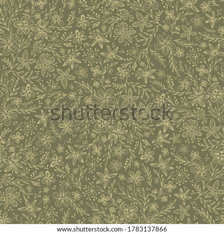 Doodle lacy floral vector seamless pattern. Hand drawn olivaceous contours of abstract flowers and leaves on green background. Herbal Template for design, textile, wallpaper, clothing, ceramics.