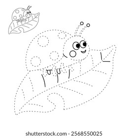 Doodle ladybug coloring pages spring worksheets printable for kids activity, Kindergarten and preschool. Trace and color ladybug worksheets. Cute ladybug clipart vector.