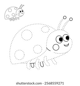 Doodle ladybug coloring pages spring worksheets printable for kids activity, Kindergarten and preschool. Trace and color ladybug worksheets. Cute ladybug clipart vector.