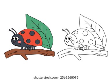 Doodle ladybug coloring pages spring worksheets printable for kids activity, Kindergarten and preschool. Trace and color ladybug worksheets. Cute ladybug clipart vector.