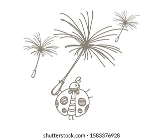 Doodle ladybug and dandelion vector cartoon isolated on white background. Doodle ladybird with dandelion. 