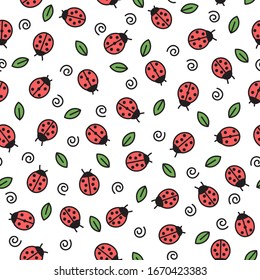 Doodle ladybugs seamless pattern. Vector repeating baby background with cute beetles and leaves. 