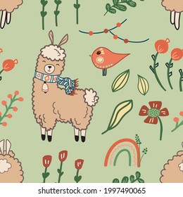 Doodle lama and flowers seamless pattern in pastel colors.