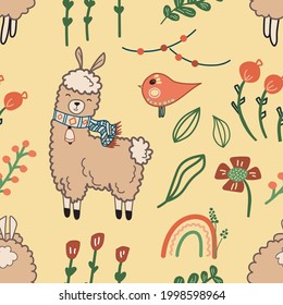 Doodle lama and flowers seamless pattern in pastel colors.