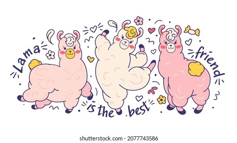 Doodle lamas, fun vector characters. Scratch drawn cartoon style. Isolated outline stickers on white background. Quote about friends.