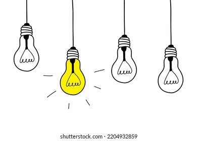 Lámpara de perro. Iconos de bombillas dibujadas a mano con el concepto de idea. Estilo Doodle. Ilustración vectorial sobre fondo blanco.