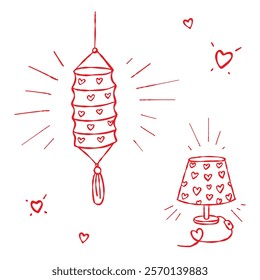 Doodle lamp set. Home table bedside lamp, paper lantern. Red line, white background. Hand drawn doodle style. Love themed illustration for Valentine, anniversary, stickers, web, blogs, cards, decor