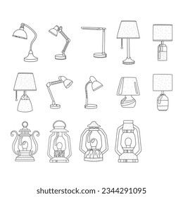 Doodle-Lampe-Set. Vektorset von Heimleuchten, Lattern und Tischlampen im Doodle-Stil mit schwarzer Linie auf weißem Hintergrund für ein Etikettendesign